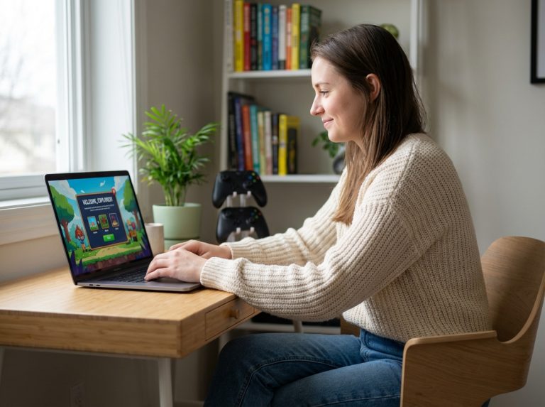 Jeune femme souriante jouant à un jeu vidéo dans un bureau moderne