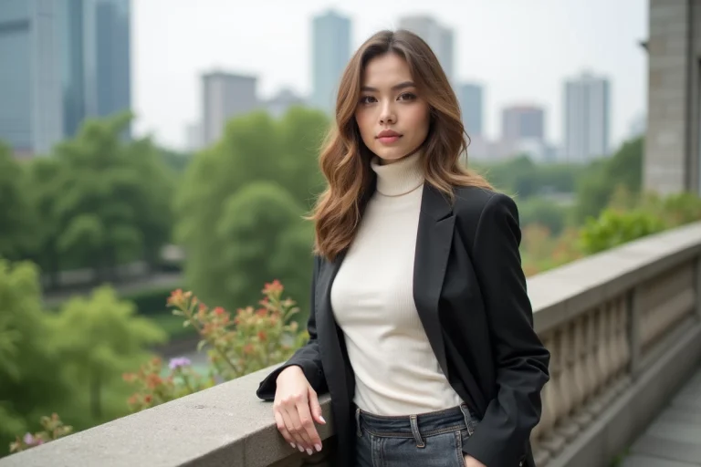 Jeune femme élégante sur un rooftop urbain avec verdure
