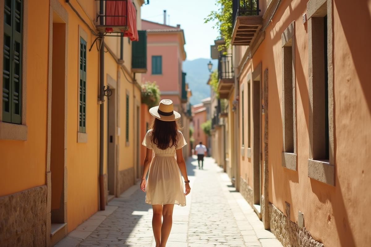 Jeune femme explorant une ruelle colorée en village italien