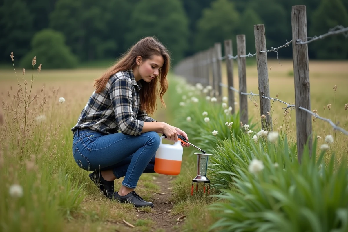 Jeune femme appliquant herbicide aux mauvaises herbes