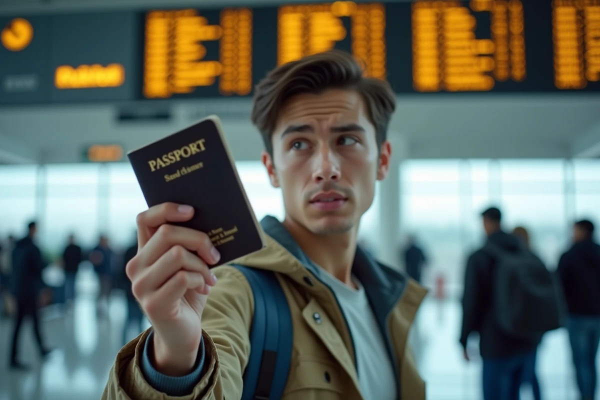 Jeune homme vérifiant son passeport devant un tableau d