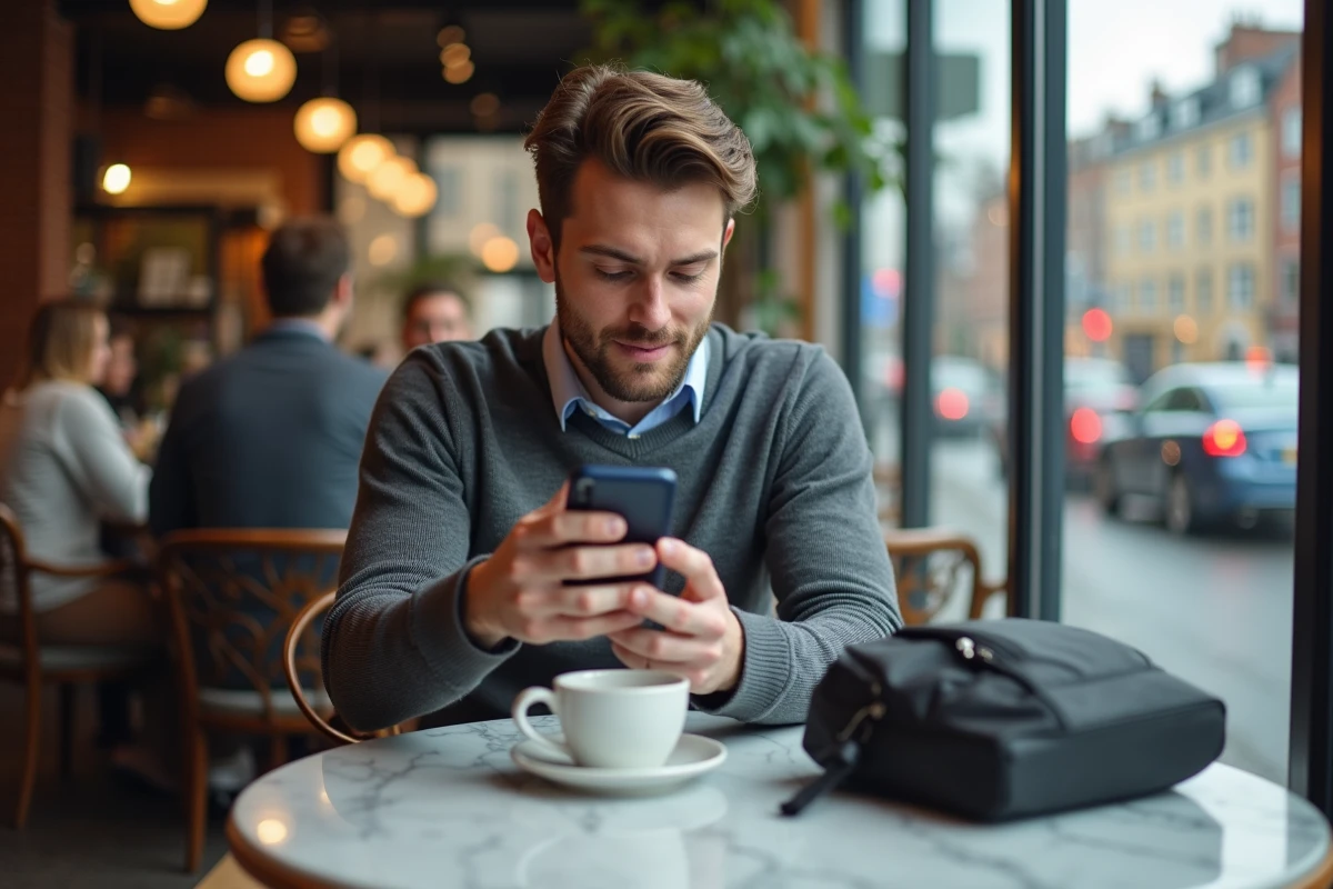 Jeune homme dans un café regardant son smartphone TLScontact