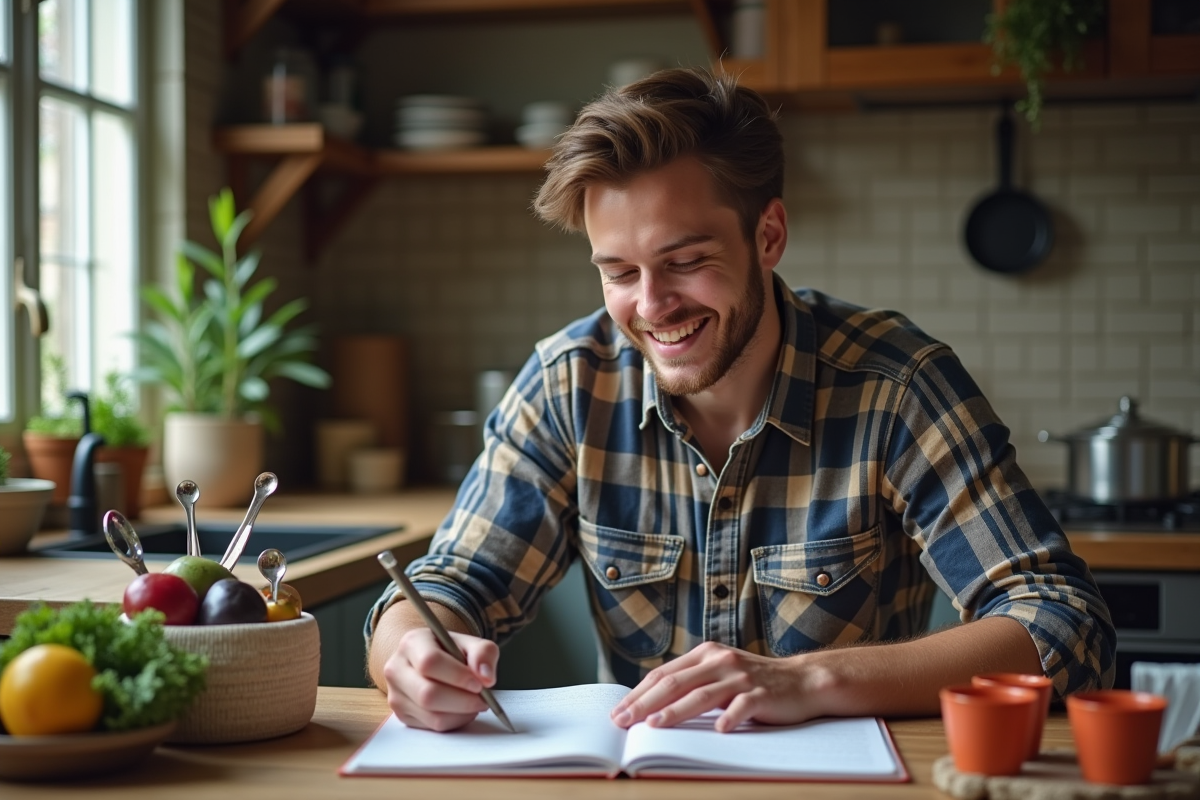Jeune homme convertissant mesures dans la cuisine