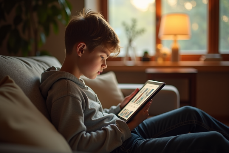 Jeune personne lisant manga sur tablette dans un salon lumineux