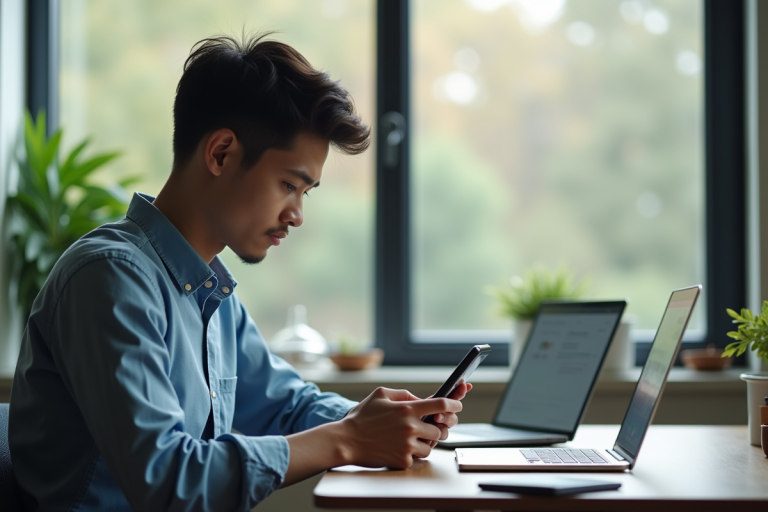 Jeune professionnel compare apps de messagerie sur smartphone