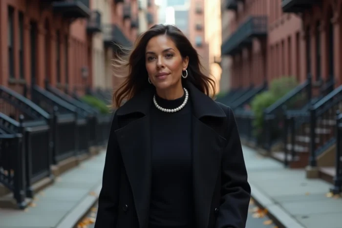 Femme latina élégante marchant dans une rue de New York en automne, évoquant l'univers urbain et le destin de Julianna Farrait épouse de Frank Lucas