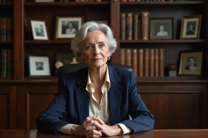 Femme mature latina en veste marine assise dans un bureau vintage, portrait éditorial évoquant l'histoire et les mémoires de Julianna Farrait