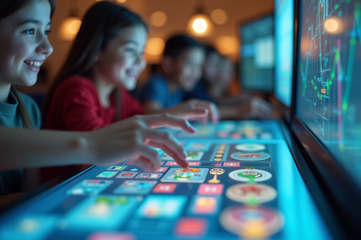 Mains de différentes personnes jouant à un jeu numérique sur un grand écran tactile