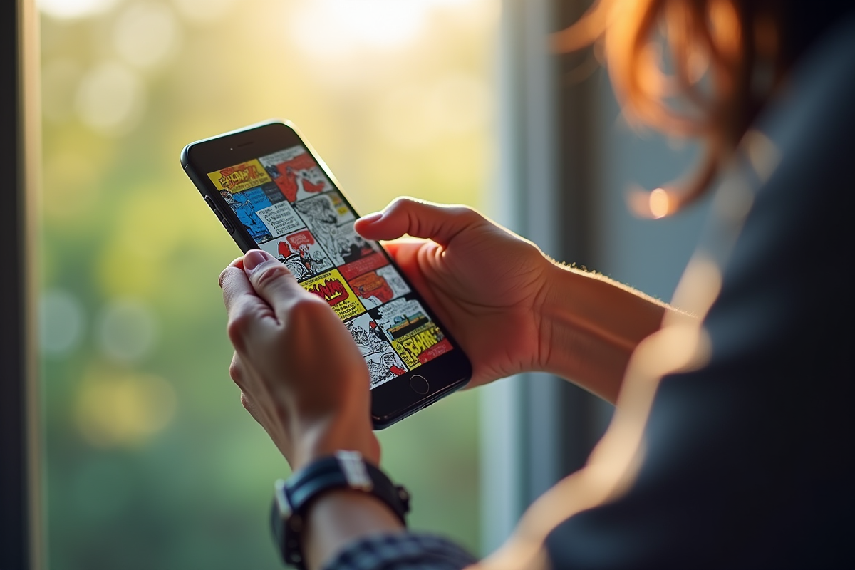 Mains tenant un smartphone affichant des mangas colorés en lumière naturelle
