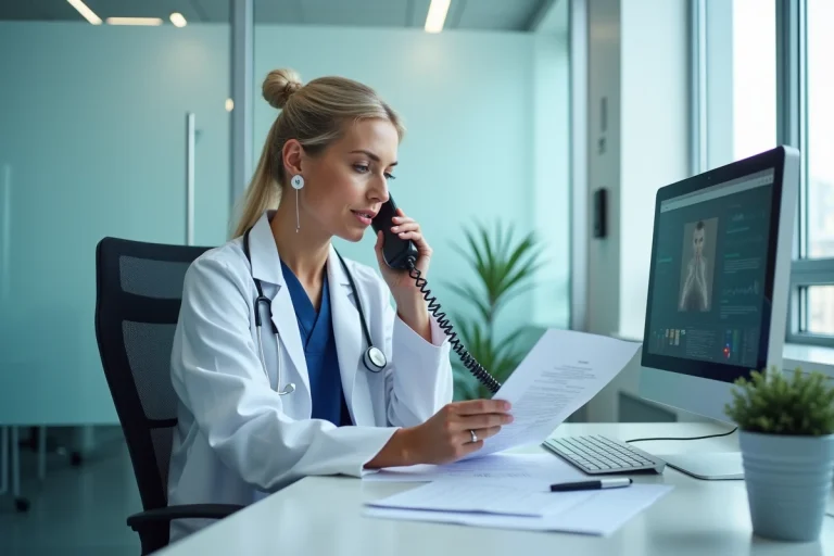 Médecin utilisant le téléphone comme canal de communication dans un bureau hospitalier moderne