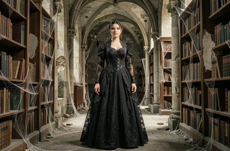 Femme en robe victorienne noire en dentelle dans une bibliothèque gothique abandonnée, mêlant mode sombre et atmosphère paranormale