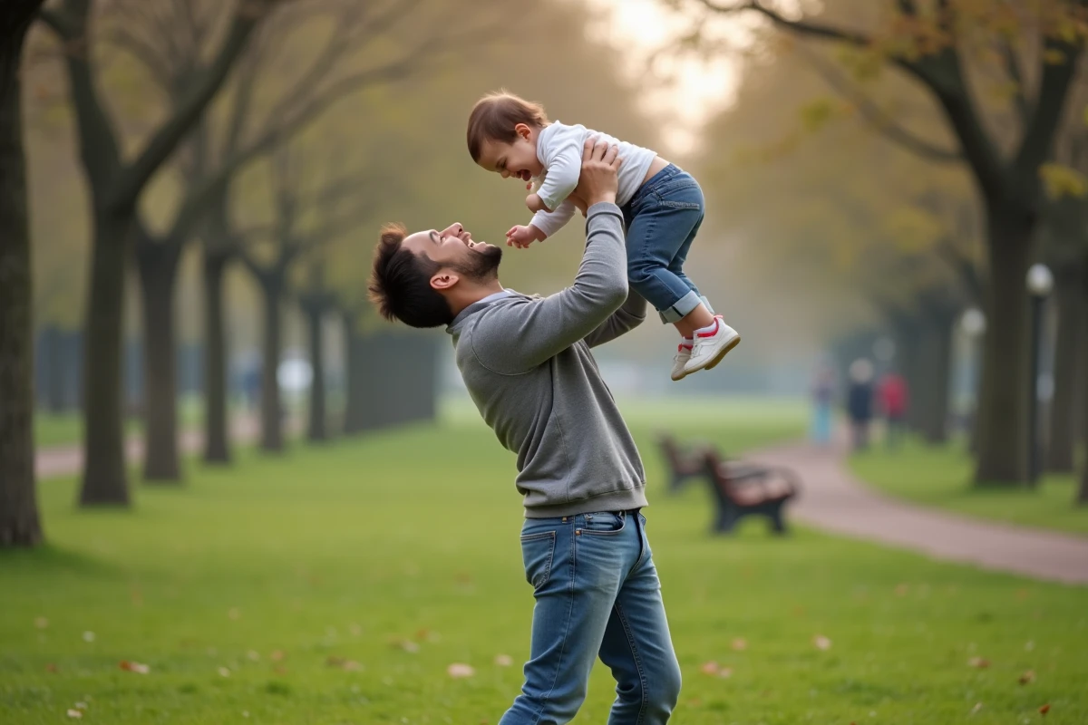 Père et bébé rient ensemble dans un parc urbain