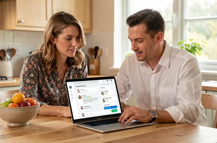 Parents consultant les messages et notes scolaires de leur enfant sur la plateforme ENT depuis leur domicile