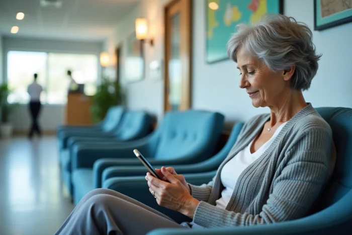 Patiente lisant un message de communication santé sur son smartphone dans une salle d'attente médicale