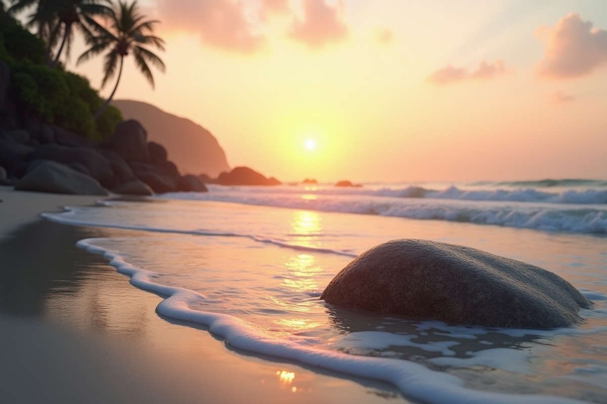 Plage paisible au lever du soleil avec vagues et rochers