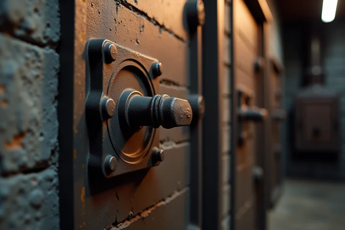 Détail de la porte d'un four crématoire industriel en fonte et briques réfractaires dans une installation funéraire