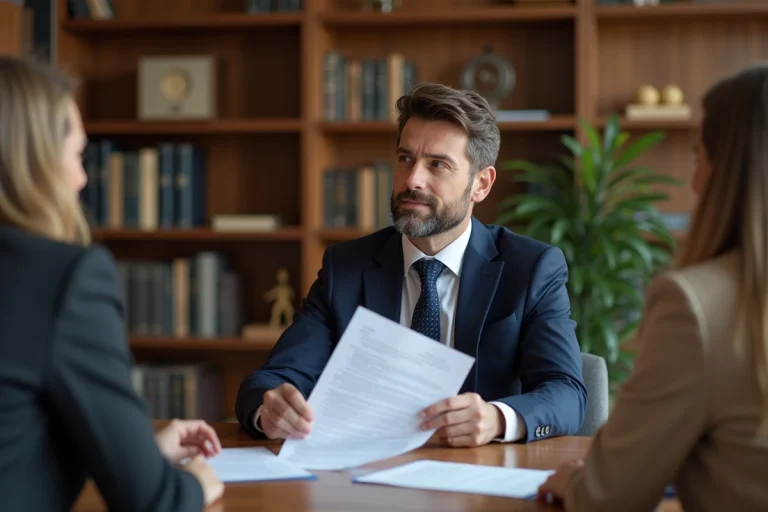 Conseiller immobilier présentant un contrat de prolongation du dispositif Scellier intermédiaire à un couple de propriétaires dans un bureau notarial.