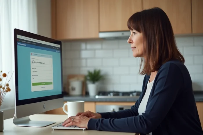 Femme remplissant un formulaire de récupération d'accès à un compte email Wanadoo sur un ordinateur de bureau dans une cuisine moderne