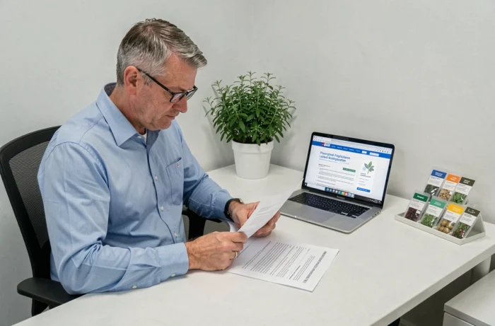 Entrepreneur consultant la réglementation française pour la vente légale de plantes médicinales sur son bureau