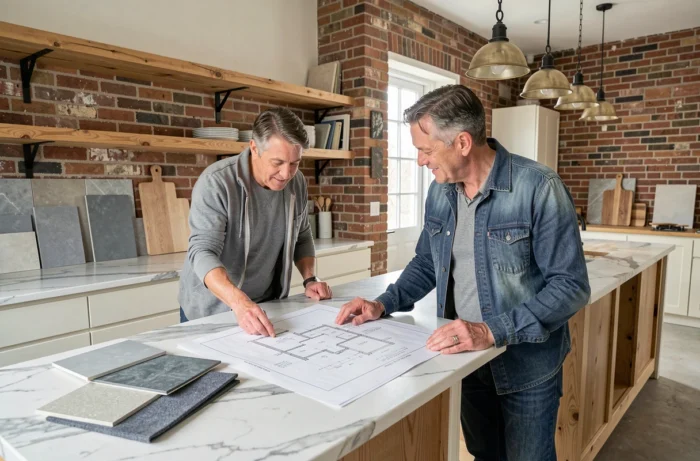 Couple examinant des plans d'architecture et des échantillons de carrelage dans une cuisine en cours de rénovation avec briques apparentes