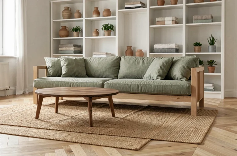 Salon moderne de style scandinave avec canapé en lin vert sauge, table basse en noyer et tapis en jute sur parquet en chevrons