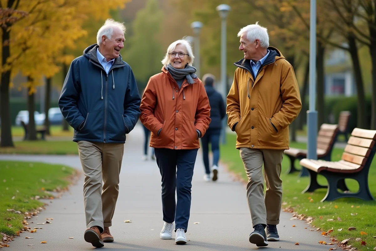 Groupe de seniors discutant dans un parc urbain