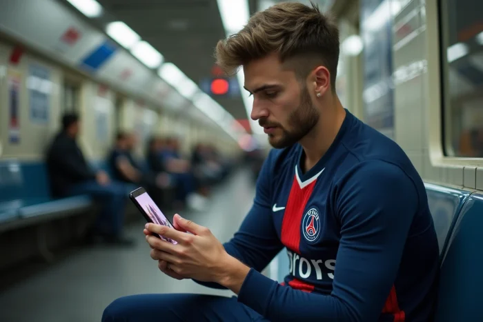 Supporter du PSG consultant un fond d'écran 4K sur son iPhone dans le métro parisien en portant le maillot du club