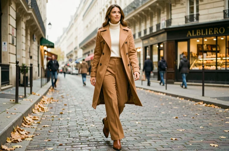 Femme élégante en trench coat camel marchant sur un pavé parisien en automne, tendances mode de l'année
