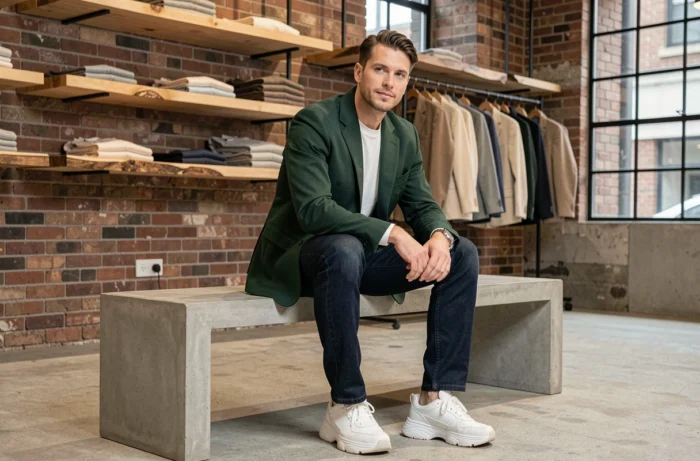 Homme en blazer vert oversize assis dans un concept store contemporain, mode masculine tendance de l'année