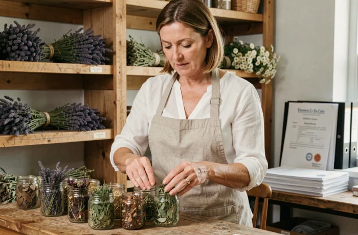 Femme artisane étiquetant des bocaux de plantes médicinales séchées dans une boutique en respectant la réglementation de vente