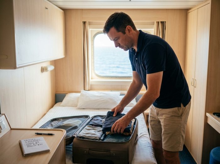 Voyageur organisant ses bagages dans une cabine de croisière abordable pour un tour du monde économique